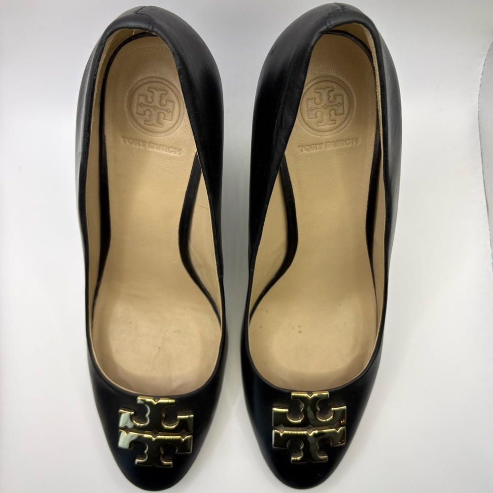 EUC Tory Burch Raleigh Wedge Black Heels with Gold Logo - Picture 5 of 10
